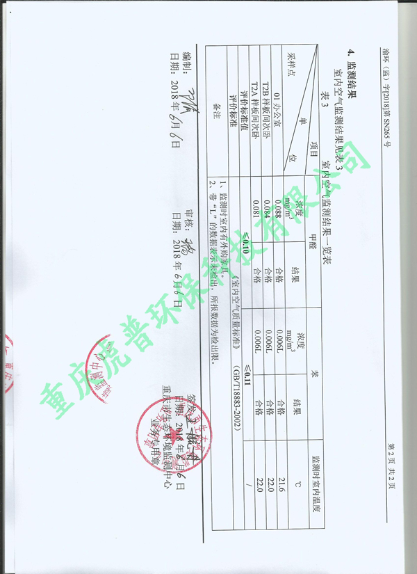 重庆金地售房部除甲醛监测报告